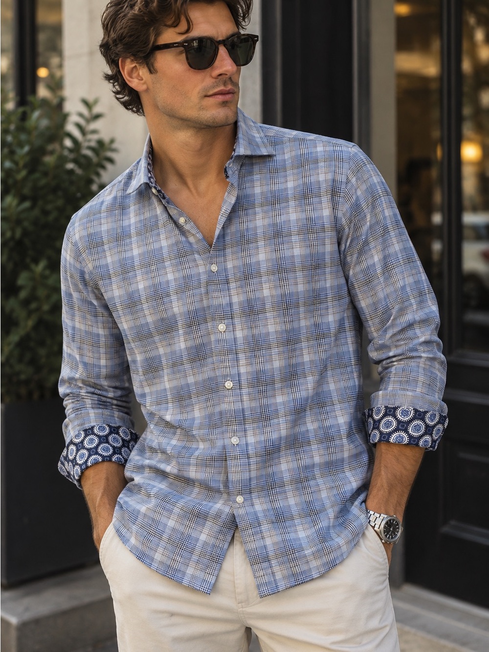 Thomas Dean Men’s Large Blue Plaid Pima Cotton Shirt Paisley Flip Cuff